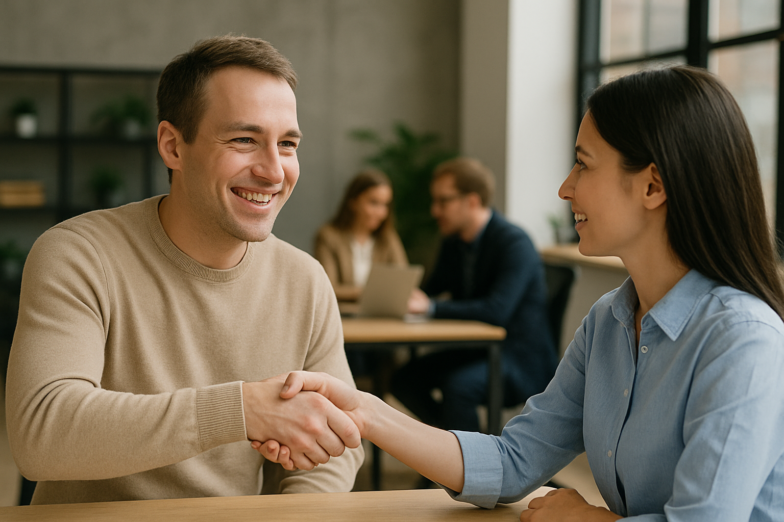 Two people shaking hands, representing connecting talent